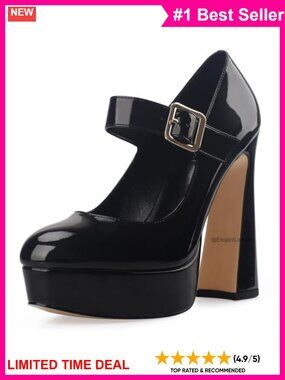 Women's Chunky Block Heel Mary Jane Pumps Faux Leather Platform Closed Toe